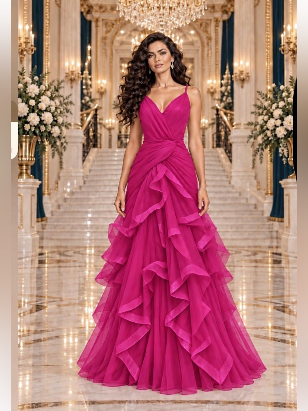 NWT Fuchsia Pink Tiered Tulle Mermaid Military Gala Wedding Gown Sz 8
